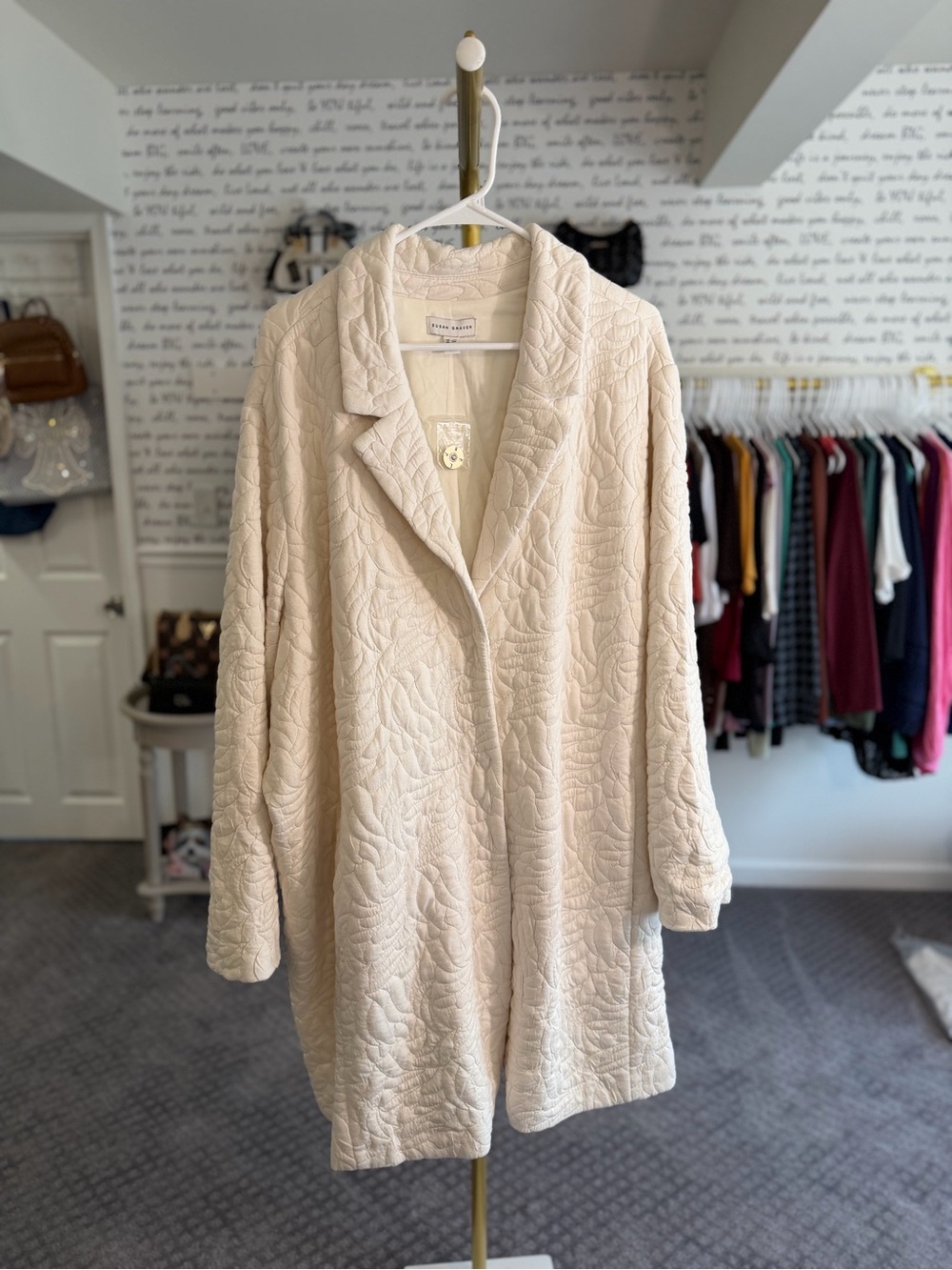 Susan Graver Regular Quilted Knit Notch Collar Fully Lined Jacket Vintage Ivory